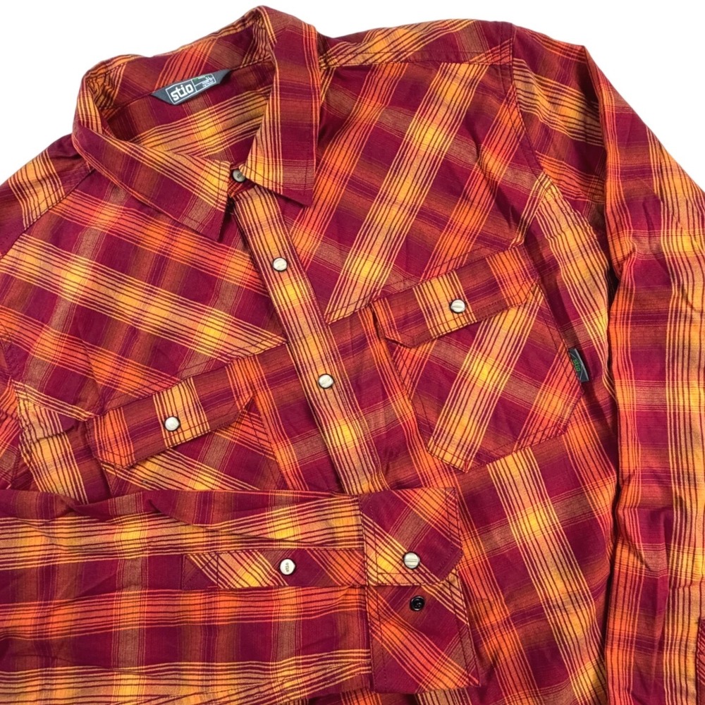Stio Mens XL Plaid Western Pearl Snap Long Sleeve Shirt Red Orange